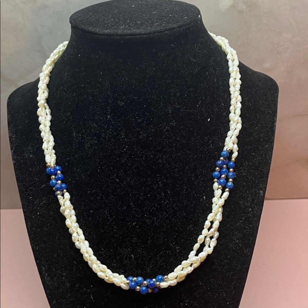 Elegant Freshwater Pearl and Blue Bead Necklace